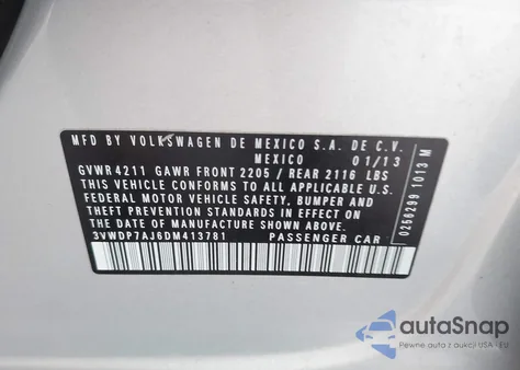 2013 Volkswagen Jetta 2.5L Se from USA, damaged, VIN 3VWDP7AJ6DM413781